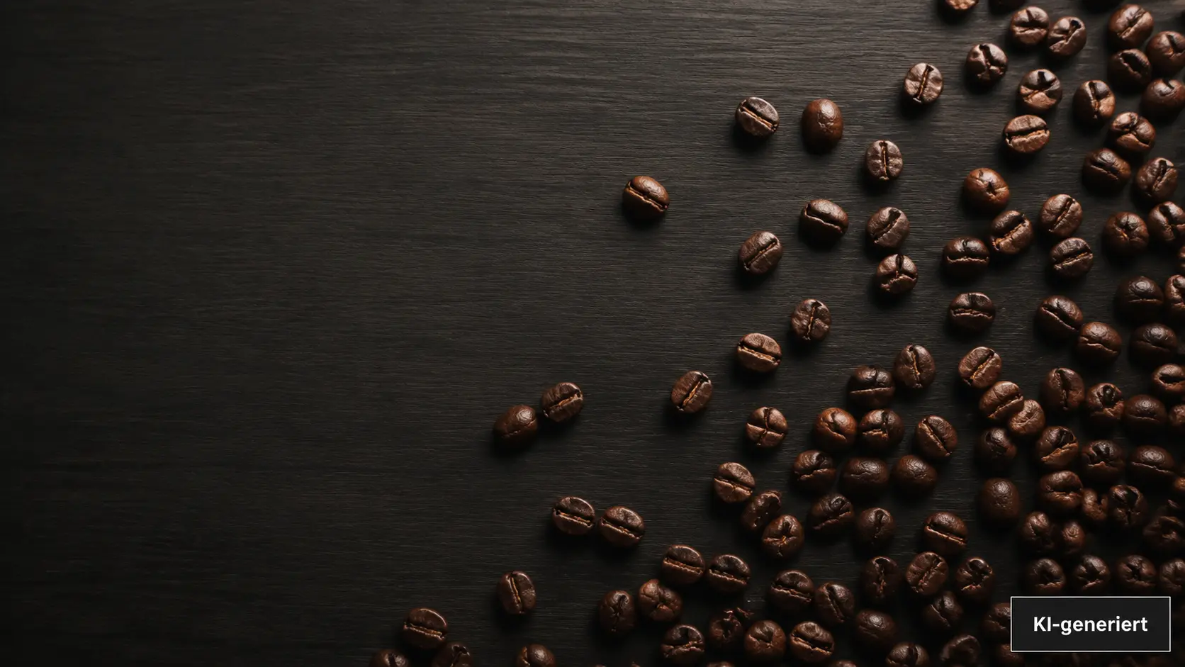 Geröstete Kaffeebohnen auf einem dunklen Kaffeetisch, KI-generiert