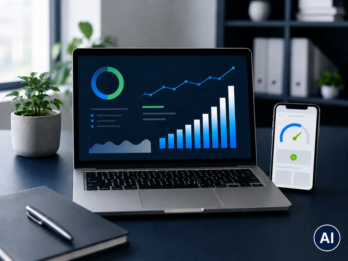 Analyse-Dashboard mit Diagrammen und Geschwindigkeitsanzeige auf Laptop und Smartphone, mit AI-Kennzeichnung