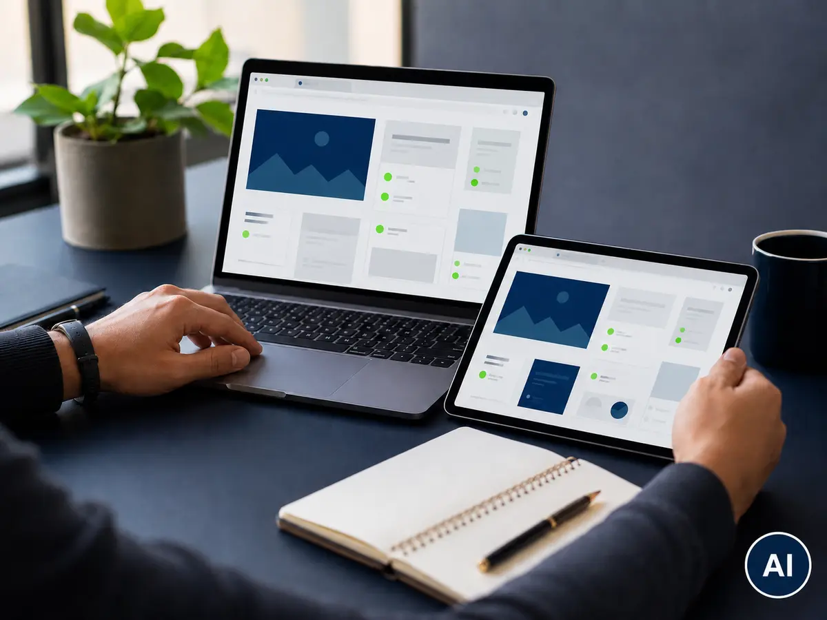 Website-Prüfung auf Laptop und Tablet mit grünen Statusanzeigen, mit AI-Kennzeichnung