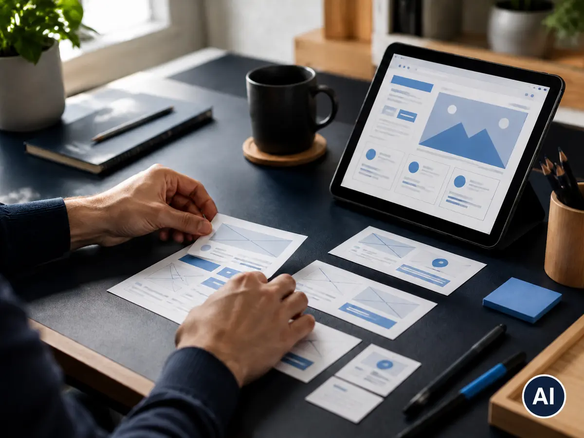 UX-Planung mit Wireframes auf Papier und Tablet, mit AI-Kennzeichnung