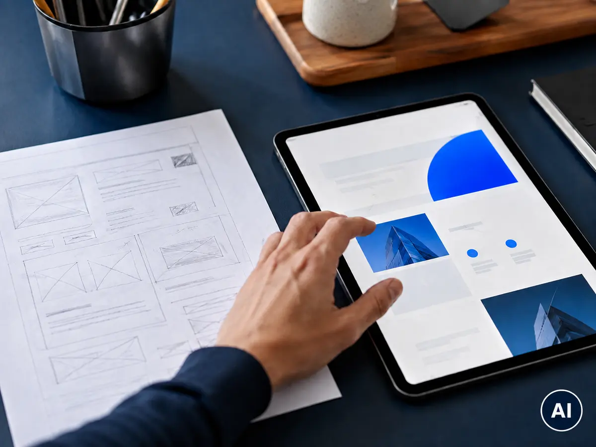 Vergleich eines gezeichneten Website-Wireframes mit einem modernen Layout auf einem Tablet, mit AI-Kennzeichnung
