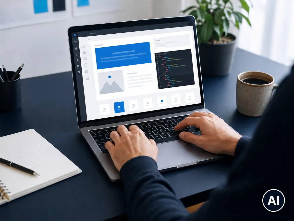 Entwicklungsarbeitsplatz mit modularem Website-Backend auf einem Laptop, mit AI-Kennzeichnung