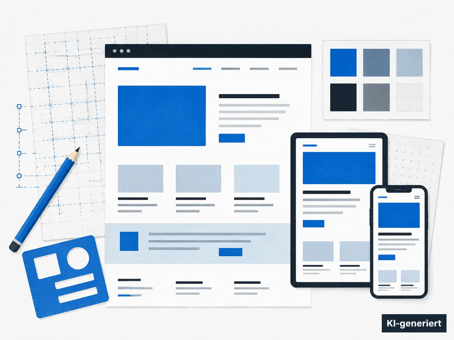 Illustration eines responsiven Webdesigns mit Raster und Farbsystem, KI-generiert