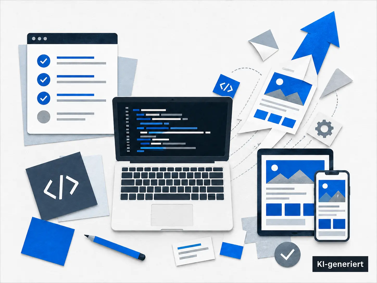 Illustration zu WordPress-Entwicklung, Tests und Website-Launch, KI-generiert