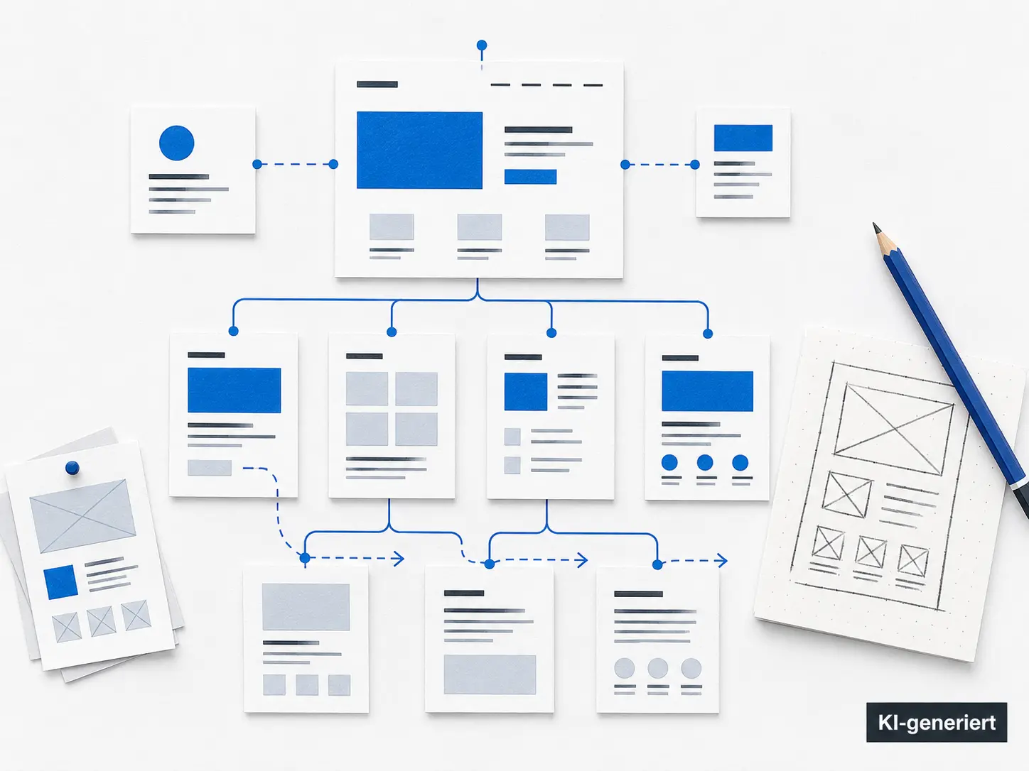 Illustration einer Seitenstruktur mit Nutzerwegen und Wireframes, KI-generiert